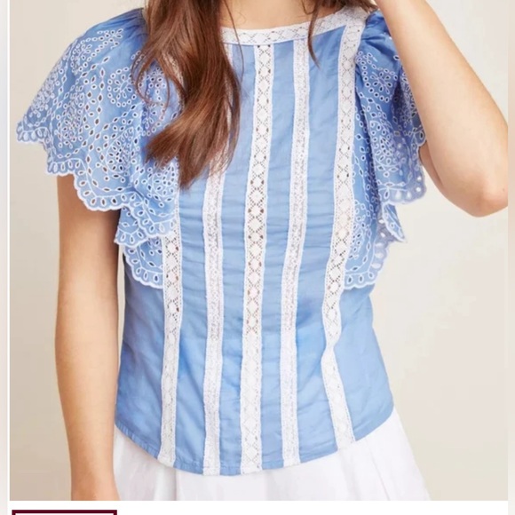 Anthropologie Light Blue Eyelet Lace-Trim Flutter Sleeve Top - Picture 2 of 16